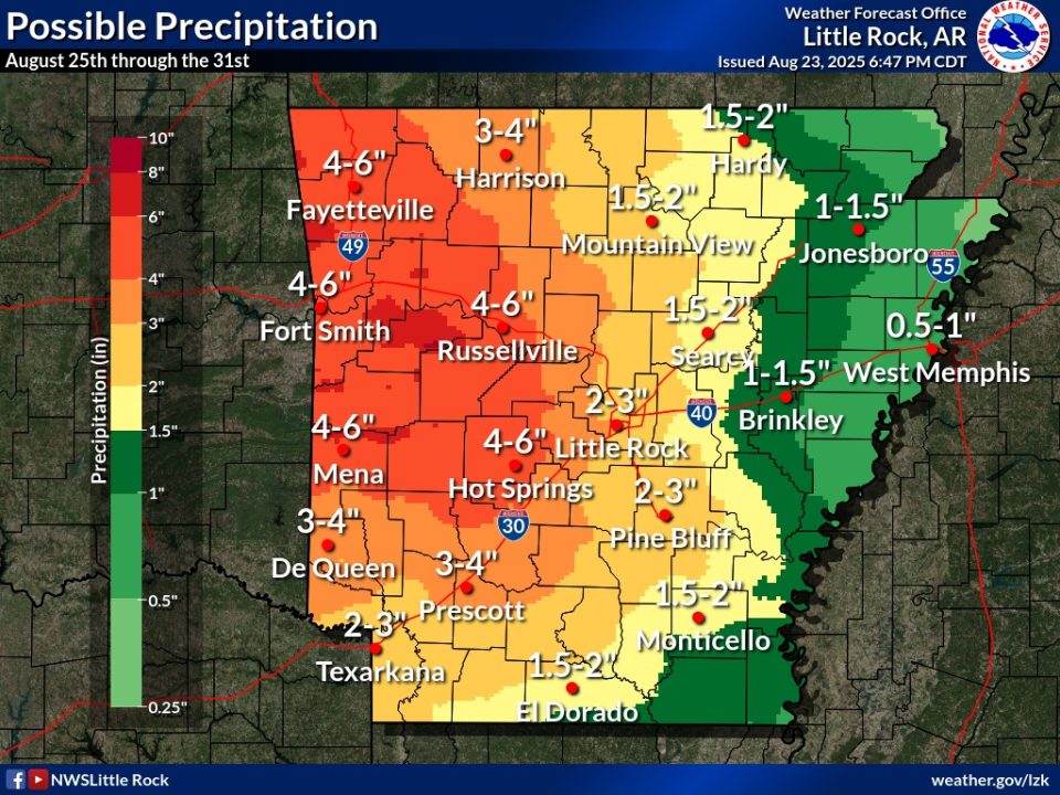 Cooler, Wet Weather to Close Out August in Central Arkansas