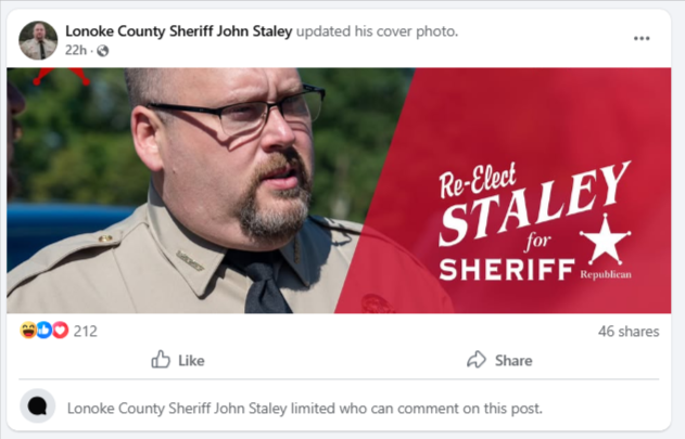 Lonoke County Sheriff John Staley Turns Off Comments on Re-Election Facebook Post Amid Backlash