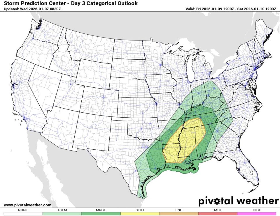 SPC Upgrades Friday to Slight Risk (Level 2/5) for Severe Thunderstorms Across Mid-South and Southeast